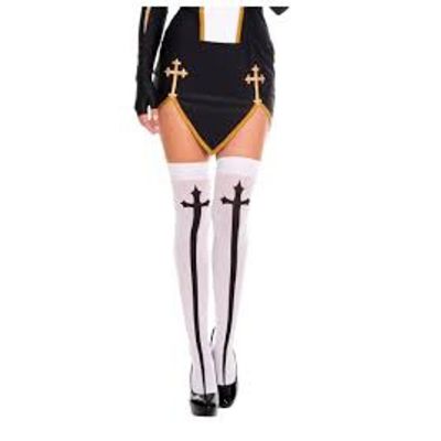 MUSIC LEGS Gothic Cross Thigh High White Stockings NWT New